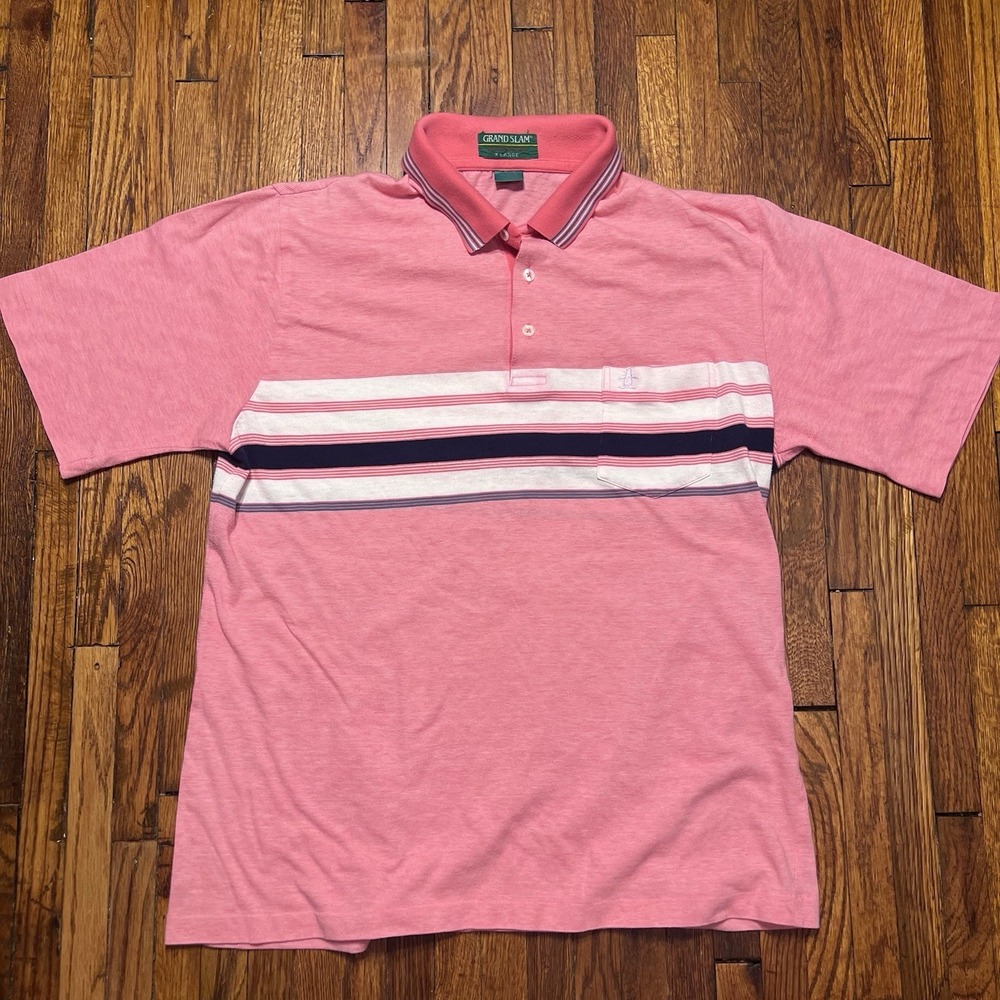 Vintage Grand Slam Munsingwear Polo Shirt Pink Striped Pocket Men's XL